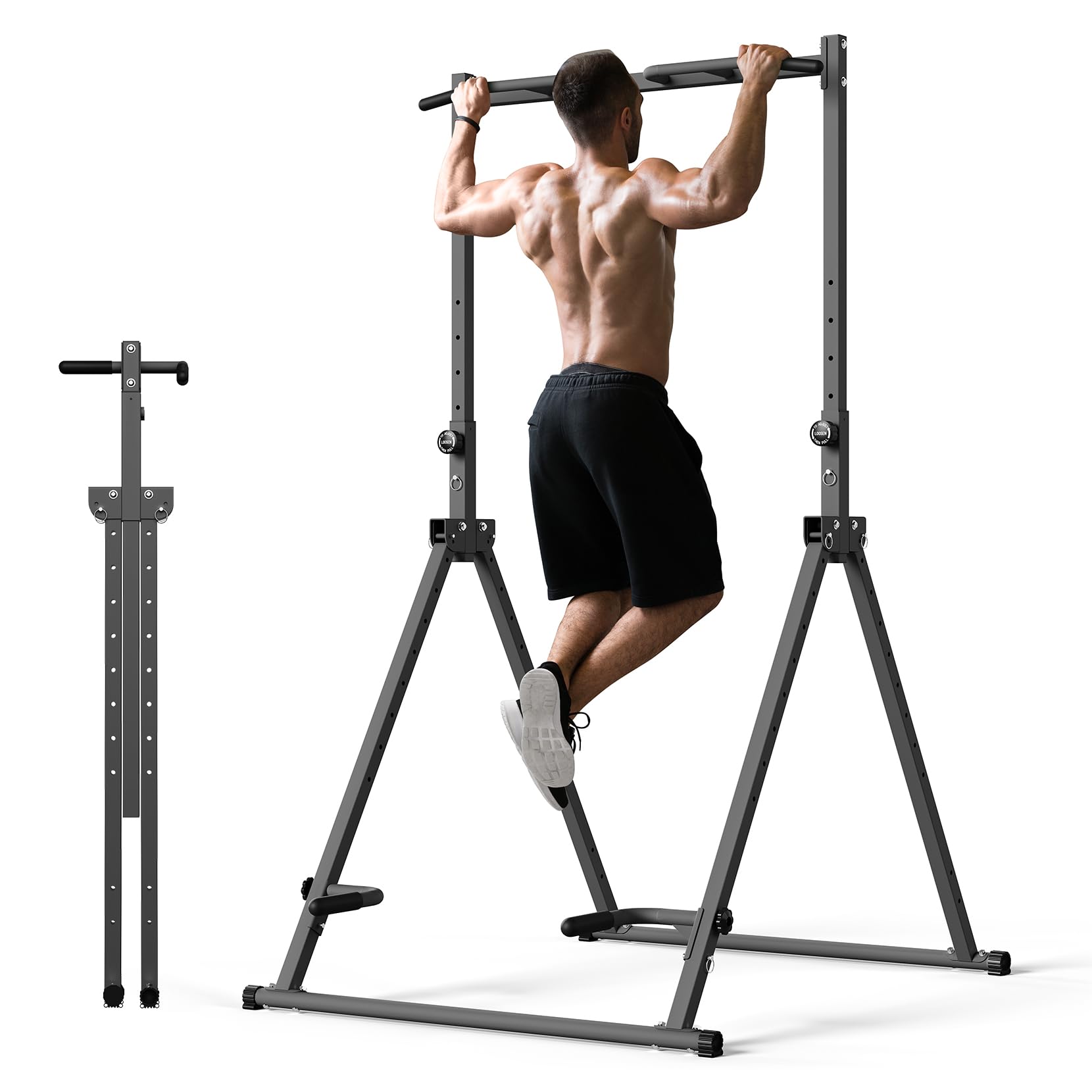 TOTEBOX Foldable Power Tower Dip Station Pull Up Bar, Stable Triangular Base, Height Adjustable, Multifunction Home Gym Strength Training Equipment for Pull-ups, Legs Raise, Press-up, Dipping