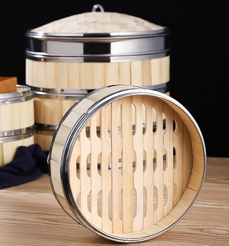 Luminexia Bamboo Steamer Basket With Stainless Steel Banding,2-Tiers With Lid Asian Traditional Dumpling Steaming Rack Cookware,Best For Dim Sum,Vegetables,Meat And Fish.Hand Made,9 Sizes - Image 2