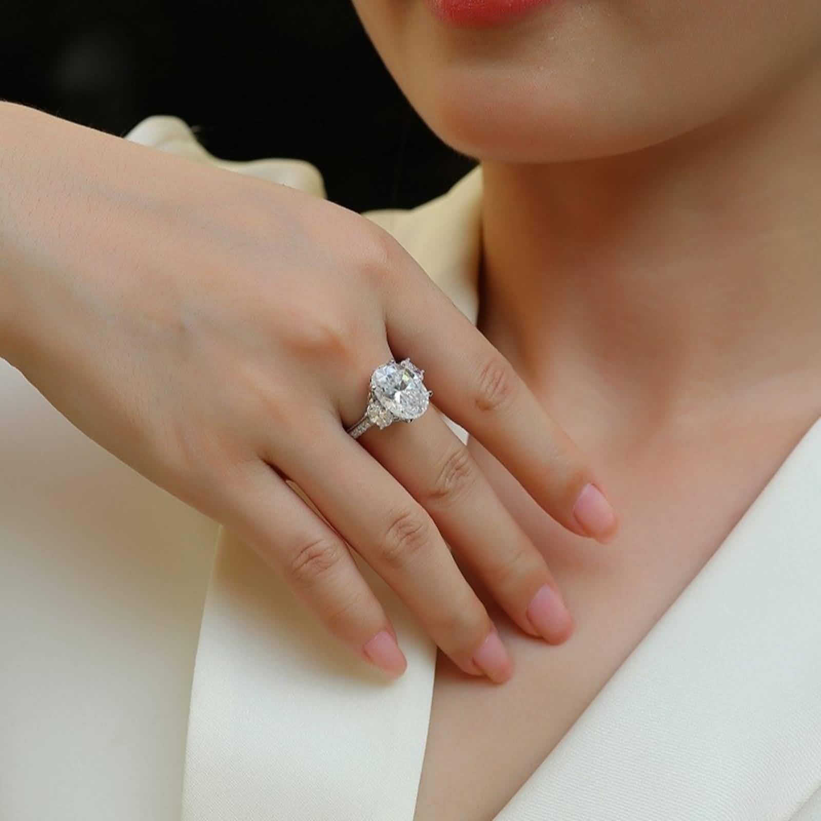 Promise Ring Frau, Promise Ring for Women Luxus mit Ovalem Moissanit 10 X 14 mm Silber 18K Weißgold Größe 47 (15.0)
