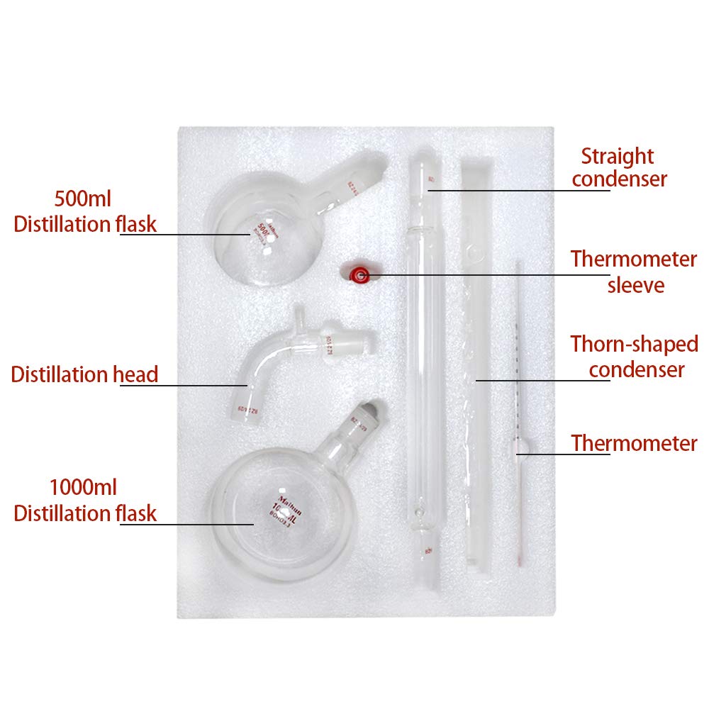 Glasdestillationsgerät Destillation von ätherischen Ölen mit Doppelkondensator 1000 ml & 500 ml Kolben Destillationsadapter Laborchemie Glaswaren Kits