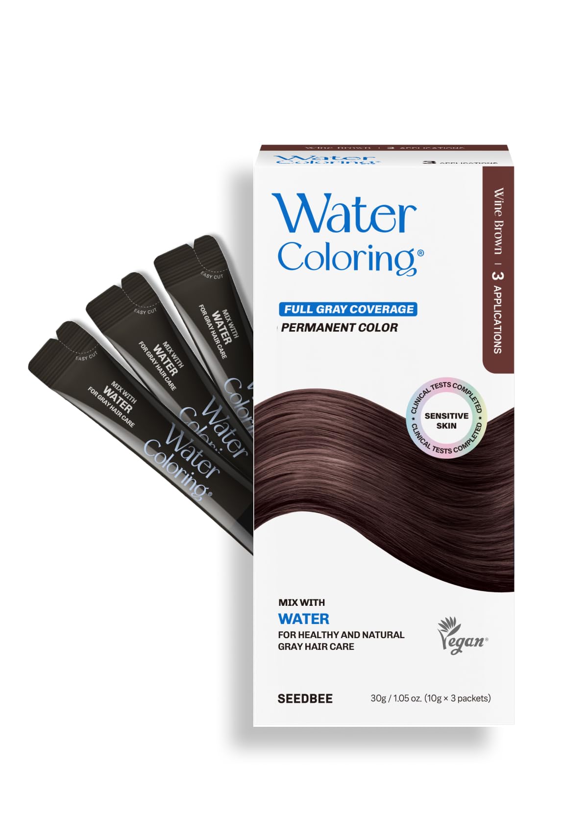 Korean Permanent Hair Dye, Powder Hair Color Kit, Wine Brown, Gray Hair Coverage, Plant-Based Formula, Easy Application for Roots, Short & Long Hair, Vegan, Just Mix with Water (3 Powder Packets)