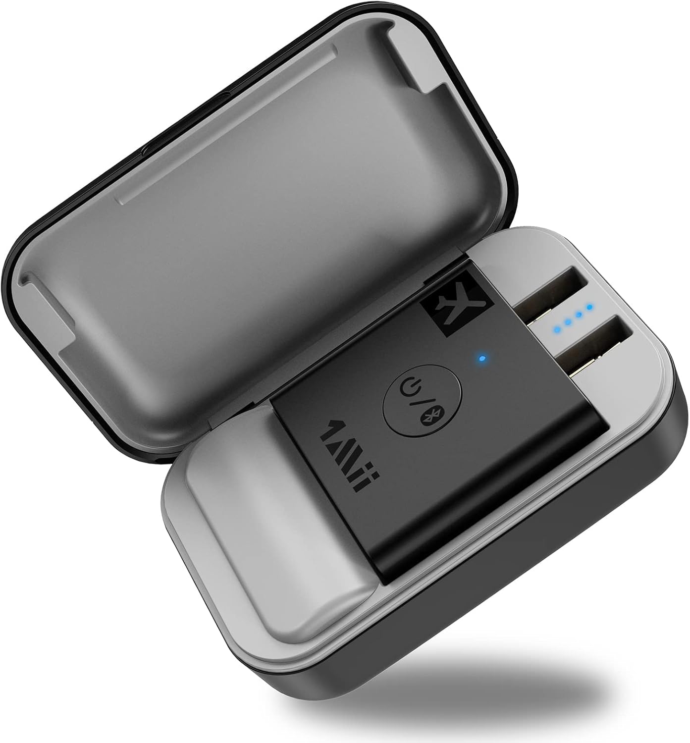 1Mii Airplane Bluetooth Adapter in its charging case