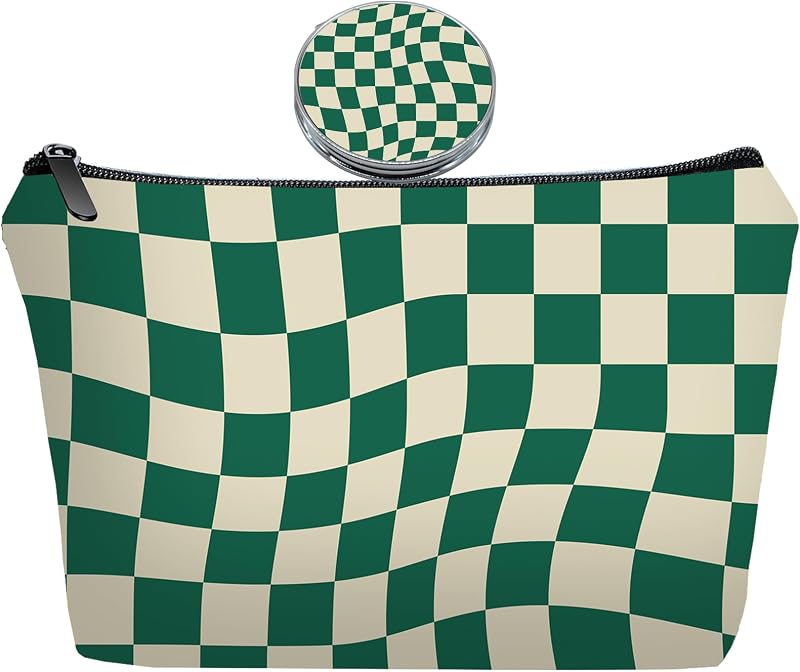 Necessaire de maquiagem JIEXAGEZOS verde xadrez com espelho, Checkered Green-2S, 2 peças