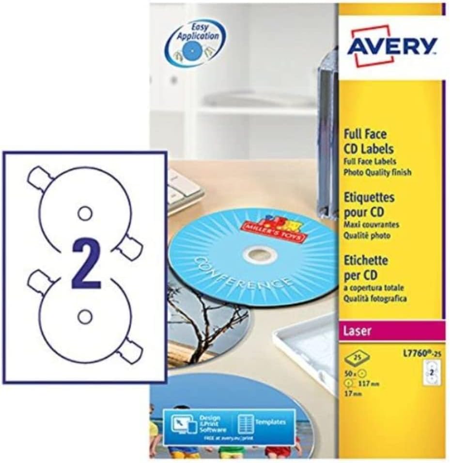 Avery L7676-100 Self-Adhesive Opaque Full Face CD Labels, 2 Labels Per A4 Sheet, White
