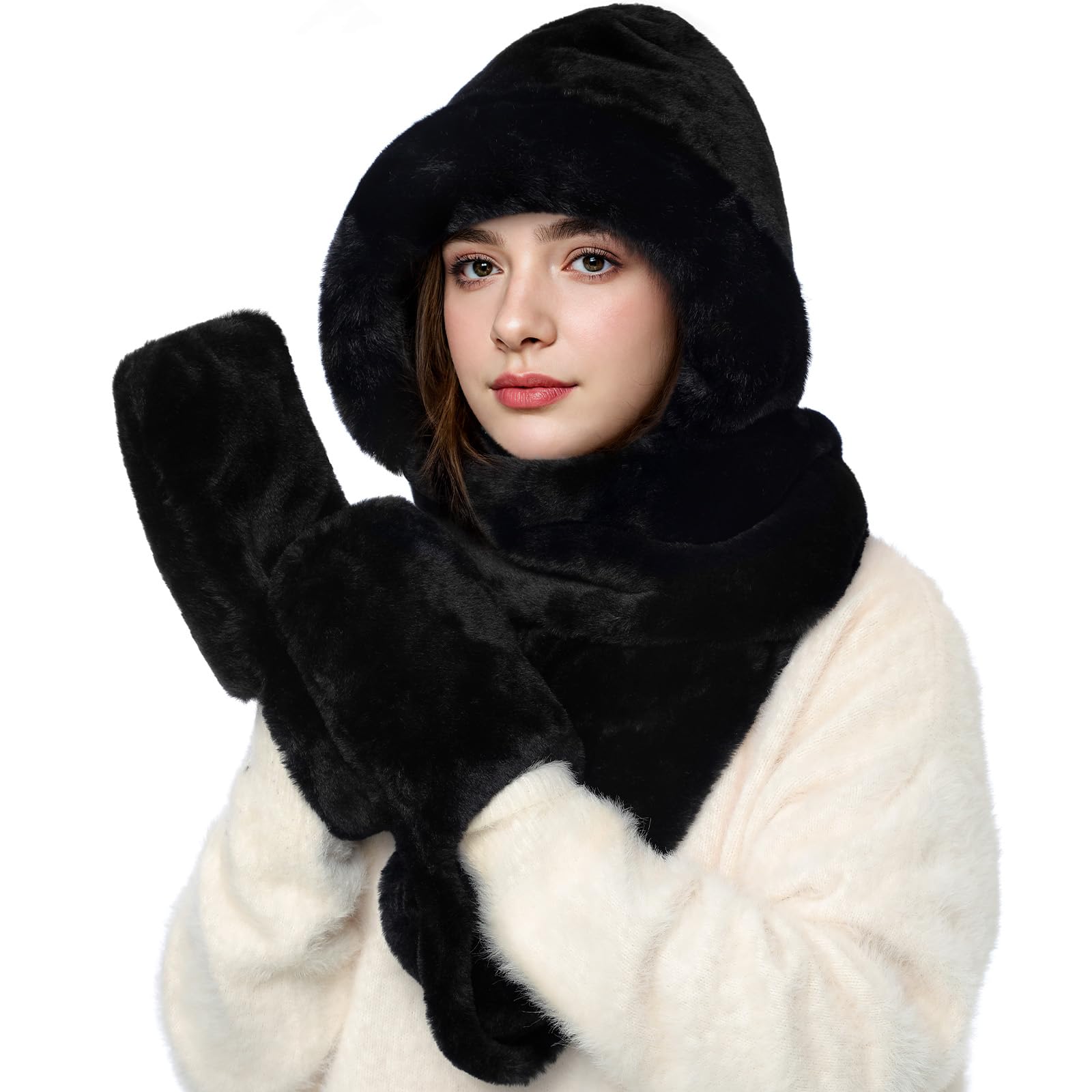 Hooded Scarf for women 3-in-1, Warm hood scarf with Pocket Mitts Winter Hat Scarfs Gloves Set for Women-image-34
