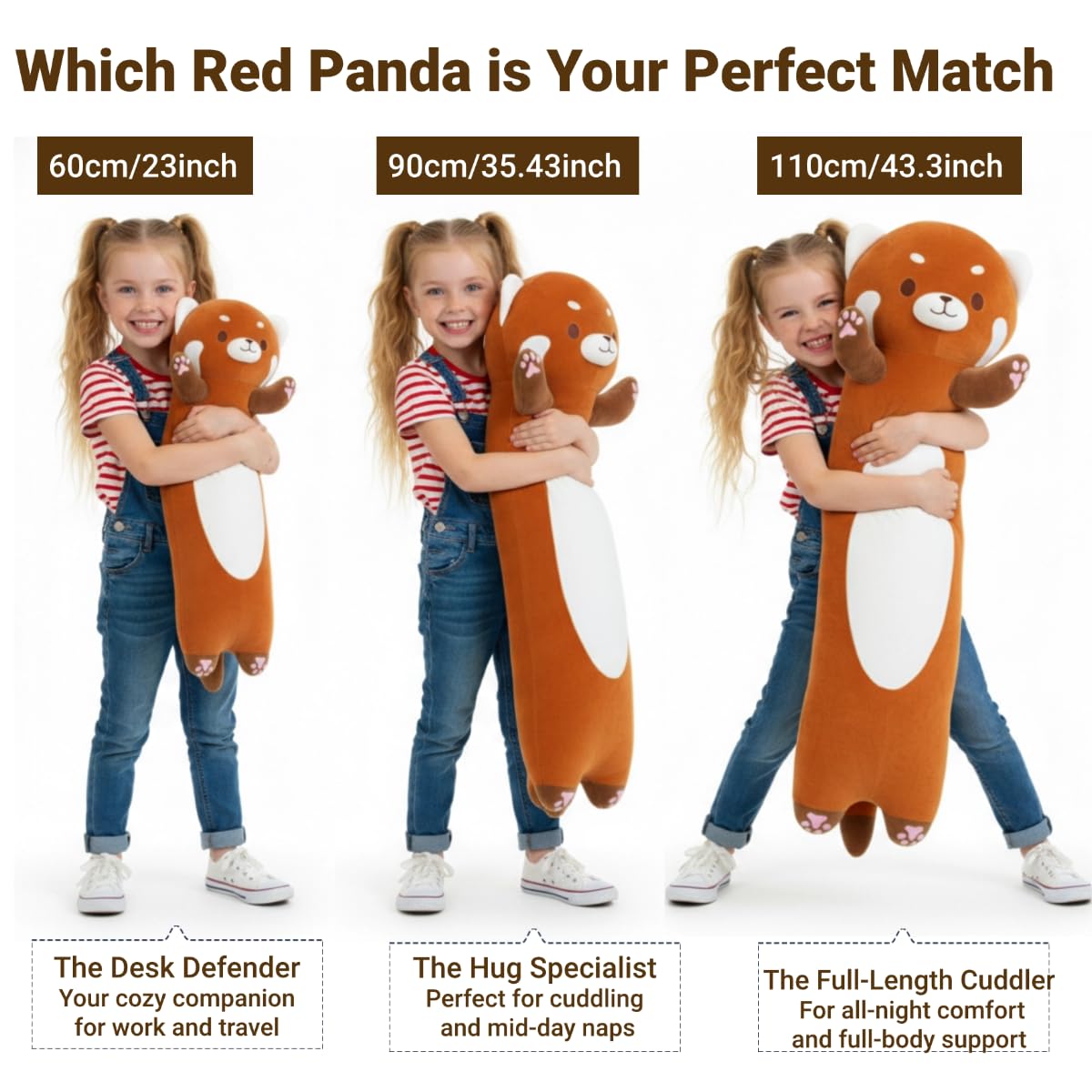 Kekeso Peluche a panda rosso lungo, 110 cm, morbido panda per bambini e adulti, dolce cuscino per letto, regalo di Natale, compleanno e San Valentino