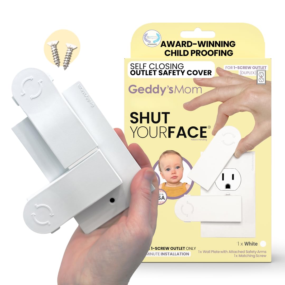 Self-Closing Outlet Cover Plate System by Geddy’s Mom – Automatic Child Safety That Covers Outlets When Unplugged, Shut Your Face, Easy Install,