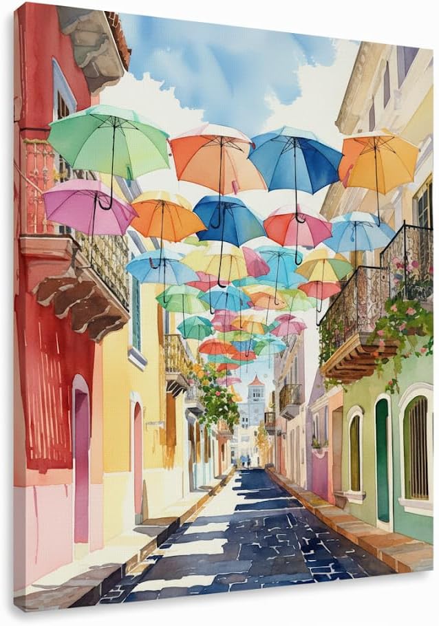 BelulaArt Puerto Rico Watercolor Art Print - San Juan Old Town Street Scene Decor - Tropical Island Painting Print - Caribbean Travel Gift for Home or Office (Wrapped Canvas, 16x20)