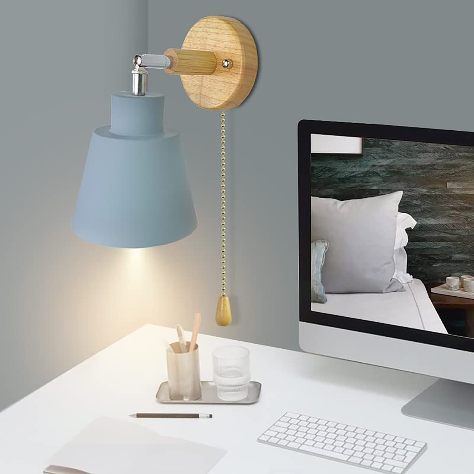 Lampada Da Parete Con Interruttore A Fune Rotazione Libera Di 350° Lampada Da Comodino Macaron Vintage Moderna E27 Lampada Da Parete In Legno Adatto Per Soggiorno E Camera Da Letto（Cenere）