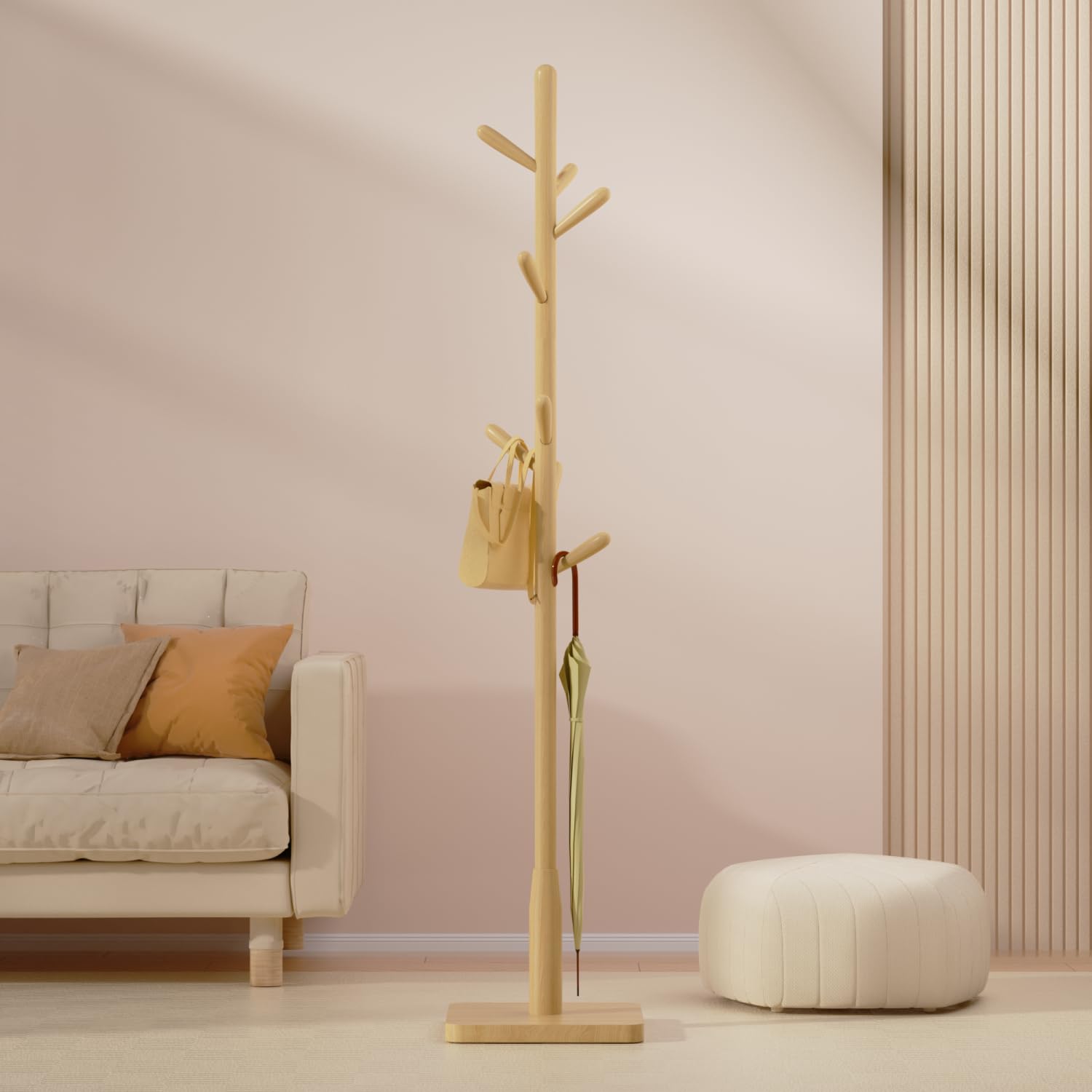 Garderobenleiste aus Massivholz, freistehende Baumgarderobe mit 8 Haken(+ 2 Ersatzteil),3 verstellbare Größen , Hutständer für Schlafzimmer/Büro/Eingangsbereich(quadratischer Boden, Naturbeige)