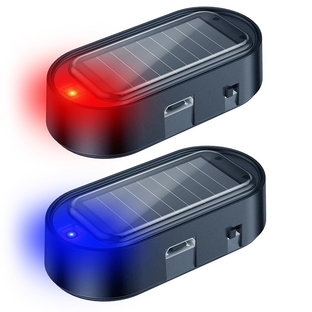 ELECTOP 2PCS Solar Power Dummy Car Alarm Light Anti-Theft Flashing LED Automotive Security Warning Light with USB Charging Port, Easy Install Fake Car Alarm System for Vehicle Safety, Red &amp; Blue Light
