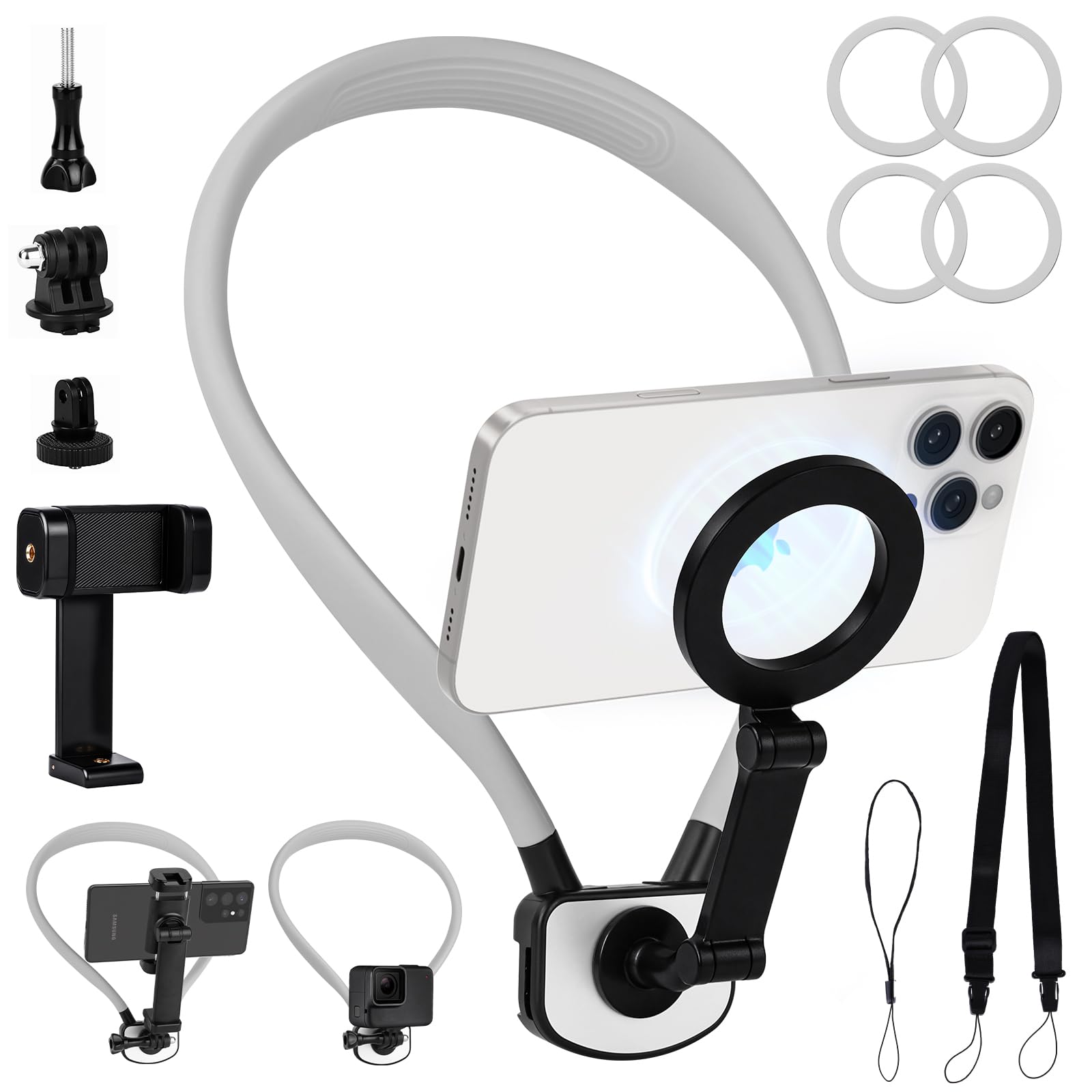 HOTUT Supporto Magnetico Selfie per Telefono da Collo, POV/Vlog Supporto per Telefono con Clip Telefonica, per Collo Registrazione Video per iPhone 16 15 14 13 Pro 12 Max Android