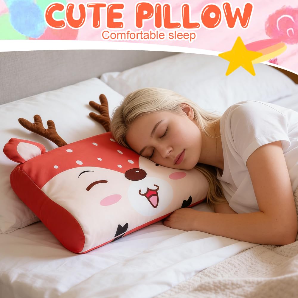 Lunillow Coussin Enfant, Petit Coussin Enfant, 45 X 27 Cm Oreiller Ergonomique pour Enfants, Respirant Confortable Oreiller Enfant pour La Maison la Chambre d'enfant (Cerf)