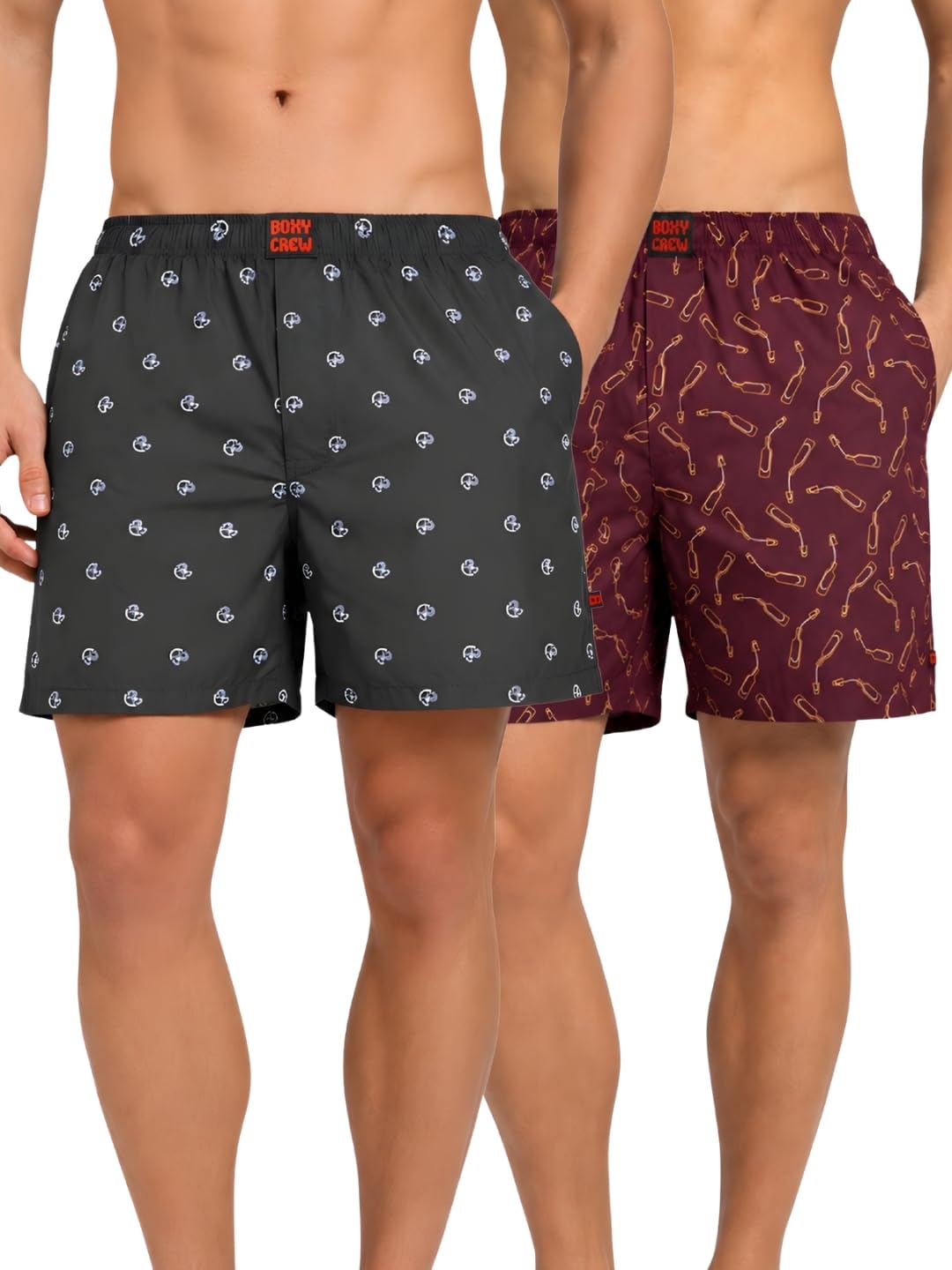 Men Boxer Shorts Pack of 2, 100% Cotton Woven Boxers, Blue & Maroon, Printed Designs, Dual Side Pockets, No-Marks Inner Elastic Waistband, Relaxed Fit Lounge & Sleep Shorts-image-4