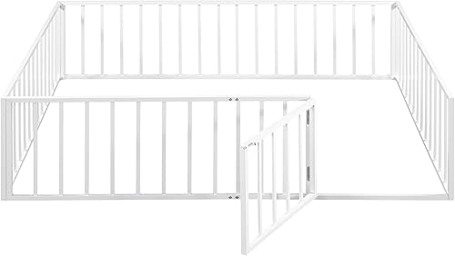 Miniatura 8 de Base de cama Queen para niños, cama Montessori de metal con rieles y puerta, marco de cama tamaño Queen con barandillas en forma de valla, cama