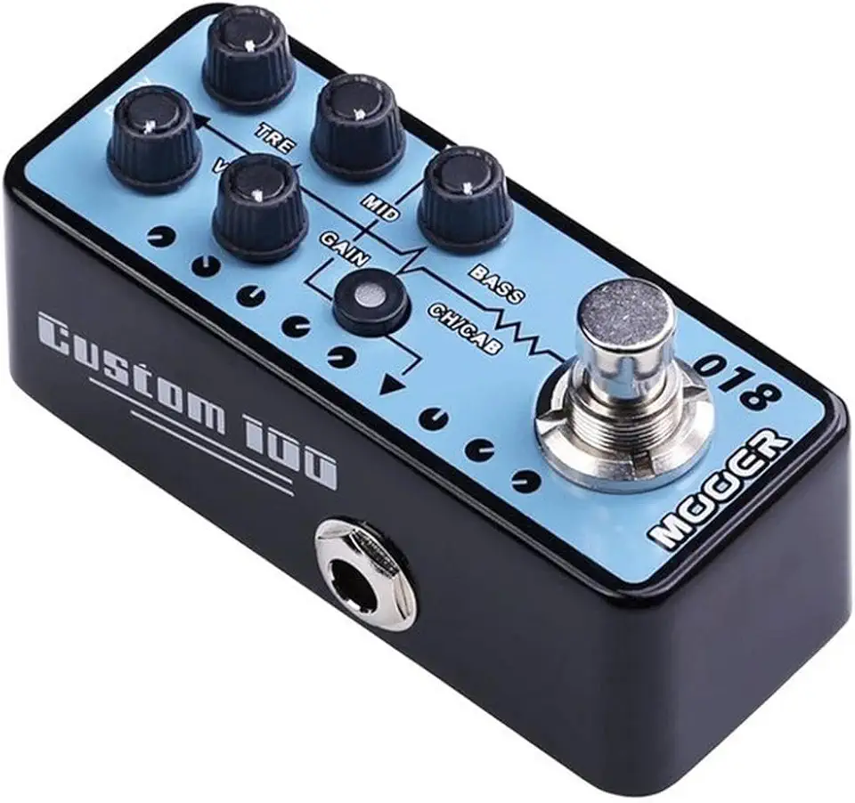 Mooer Pedal Preamp Custom 100 M018 | para Guitarra, Digital, Dois Canais, EQ de 3 Bandas, Simulador de Gabinete, Compacto, 9V DC