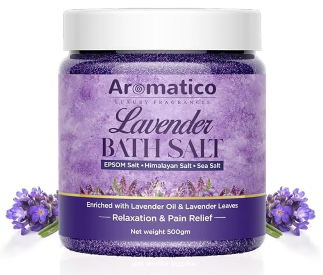 AROMATICO Lavender Bath Salt for Body & Foot Spa. Mineral-rich EPSOM, Himalayan & Sea Salts, Enriched with Pure Lavender Essential Oil & Leaves. Pain Relief, Relaxation, Aromatherapy � 500gm