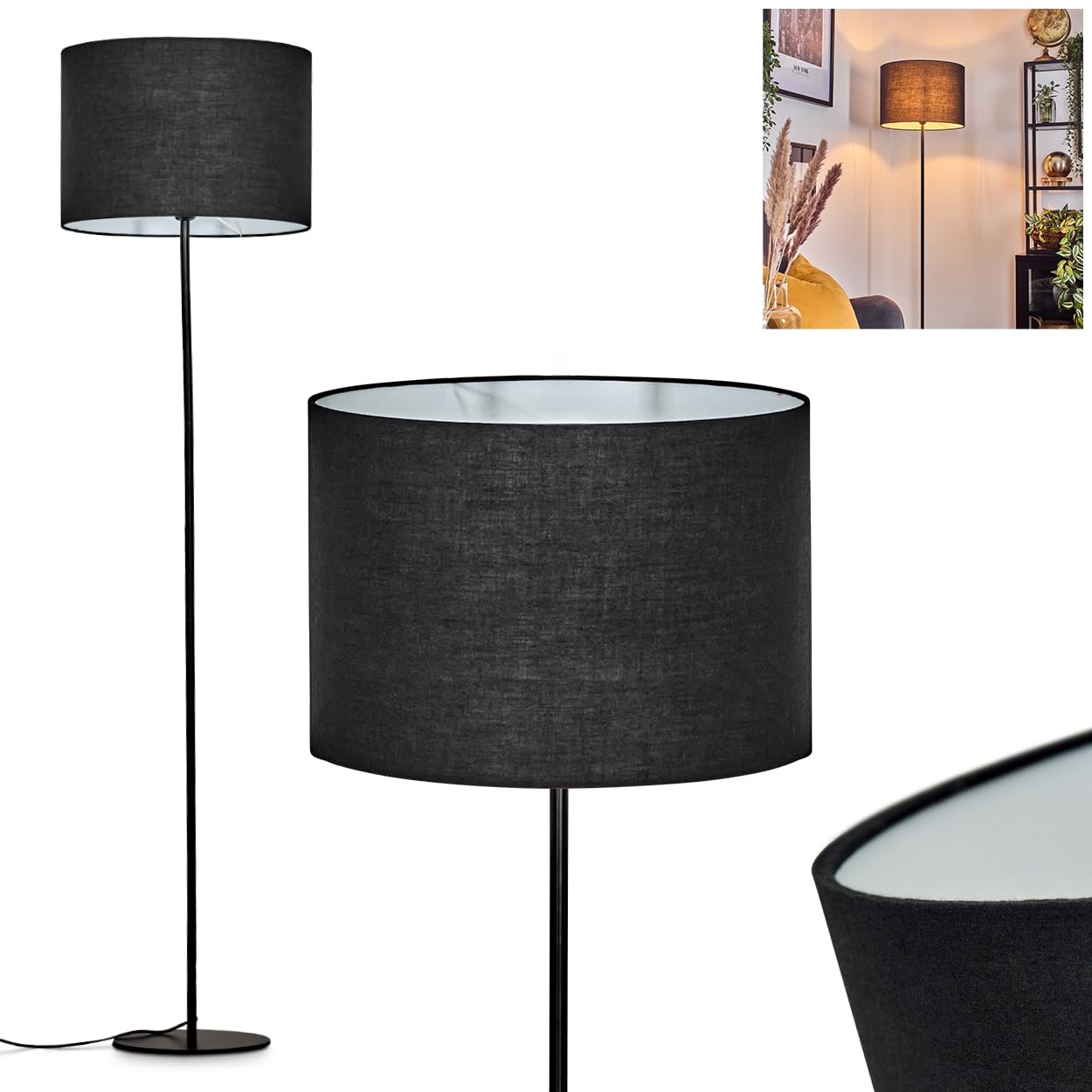 Stehleuchte Bassagoda, Stehlampe aus Metall/Stoff in Schwarz/Weiß, Leuchte im skandinavischen Design mit rundem Schirm (Ø 40 cm) u. Fußschalter, Höhe 158 cm, 1 x E27, ohne Leuchtmittel