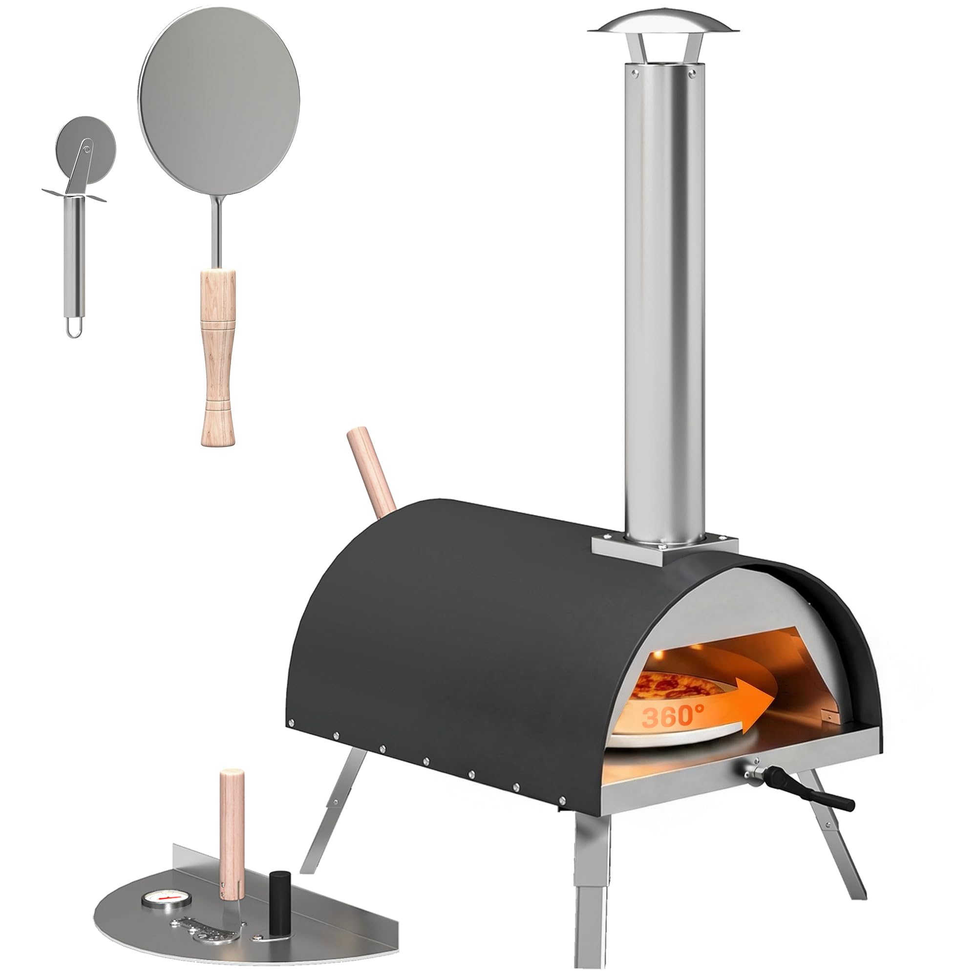 Outsunny 12" Outdoor Pizza Oven for Tabletop, Portable Pellet Wood Fired Pizza Maker with Rotating Stone, Thermometer, Removable Chimney, Peel, Foldable Legs, Stainless Steel Grill for Outdoor Parties