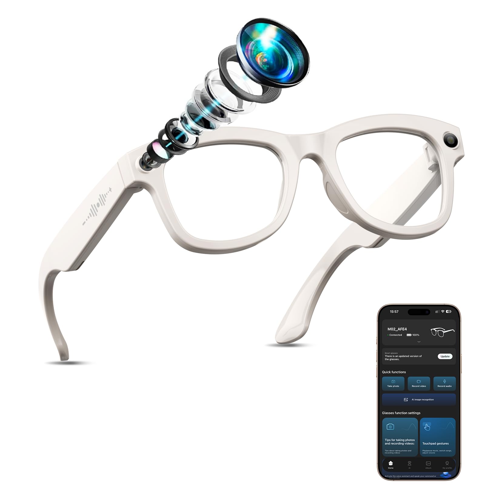 AI Smart Glasses with Camera Stabilization - 8MP POV Video Recording Real-Time AI Translation Smart Assistant Dual-Mic Noise