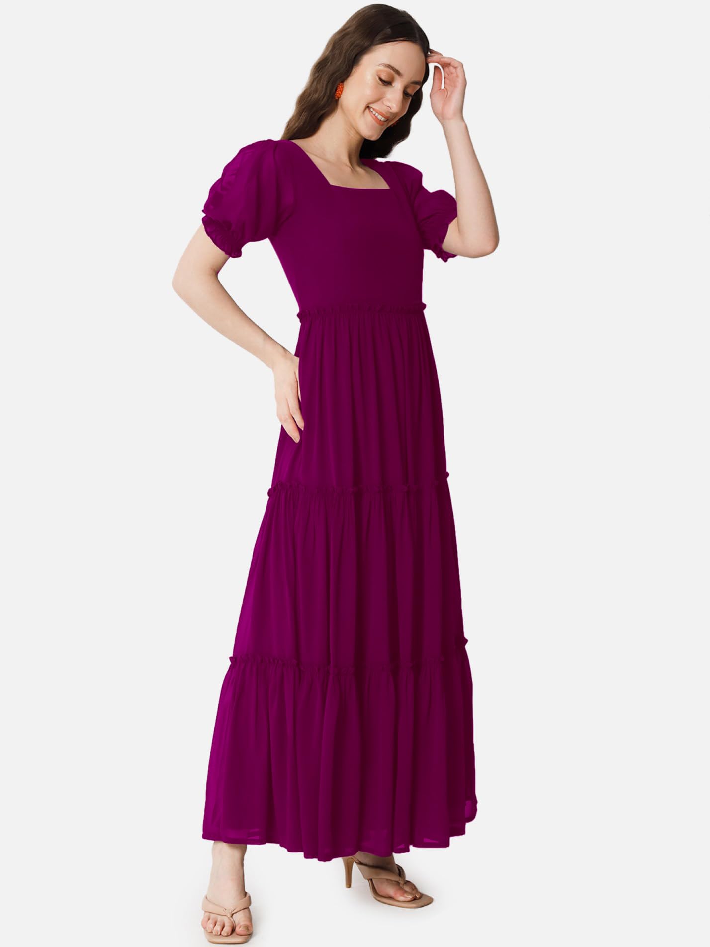 Femvy Vestido sólido Georgette de diseñador para mujer 761