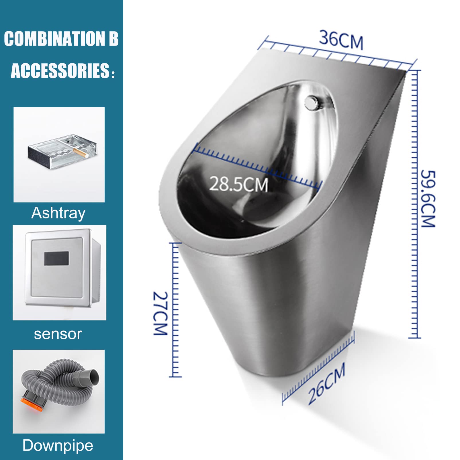 High-Efficiency Washout Urinal Bathroom Wall-Hung Urinal, Stainless Steel Urinal Funnel Toilet with Induction Flush Valve, Automatic Urinal Flushing kit(