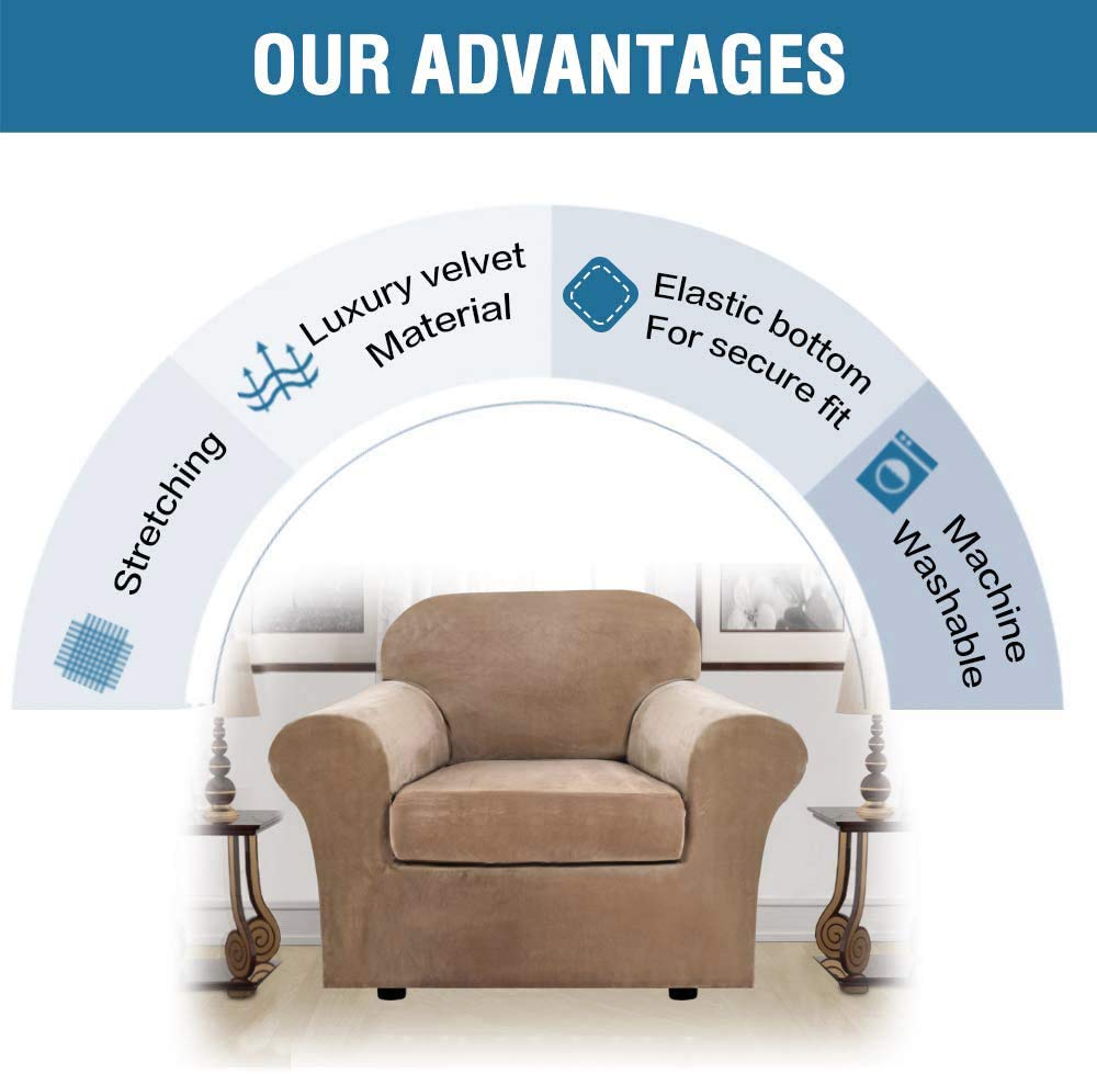 Rich Velvet Stretch 2 Piece Chair Cover Chair Slipcover Sofa Cover Furniture Protector Couch Soft with Elastic Bottom Chair Couch Cover with Arms, Machine Washable(Chair,Camel)