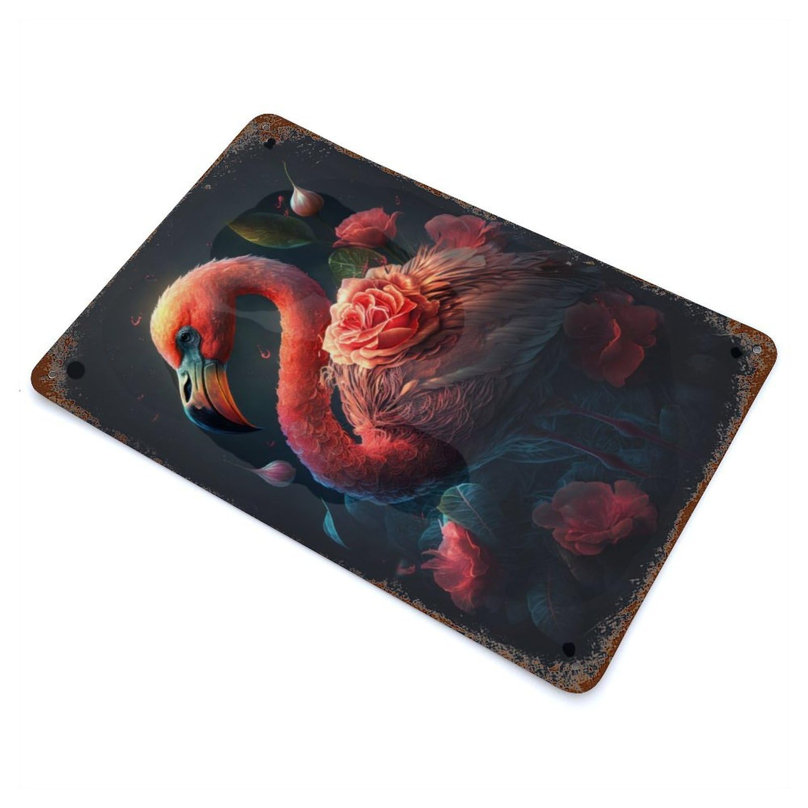Rust Effect Flower Flamingo Rusty Metal Tin Sign 11.8"x7.9", Old School Wall Decor for Cafe, Home Bar And Lounge Decor