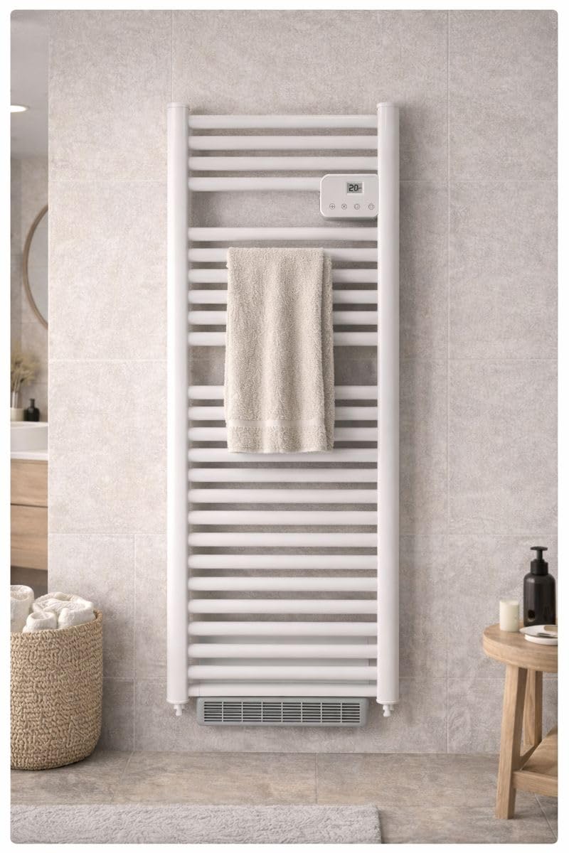 DREXON LYRIA S 1500W – Sèche-Serviettes Électrique Sans Fluide Avec Soufflerie - Fil Pilote 6 Ordres - Modes Confort/ECO/Antigel - Programmation LCD - Salle de Bains IP24 NF