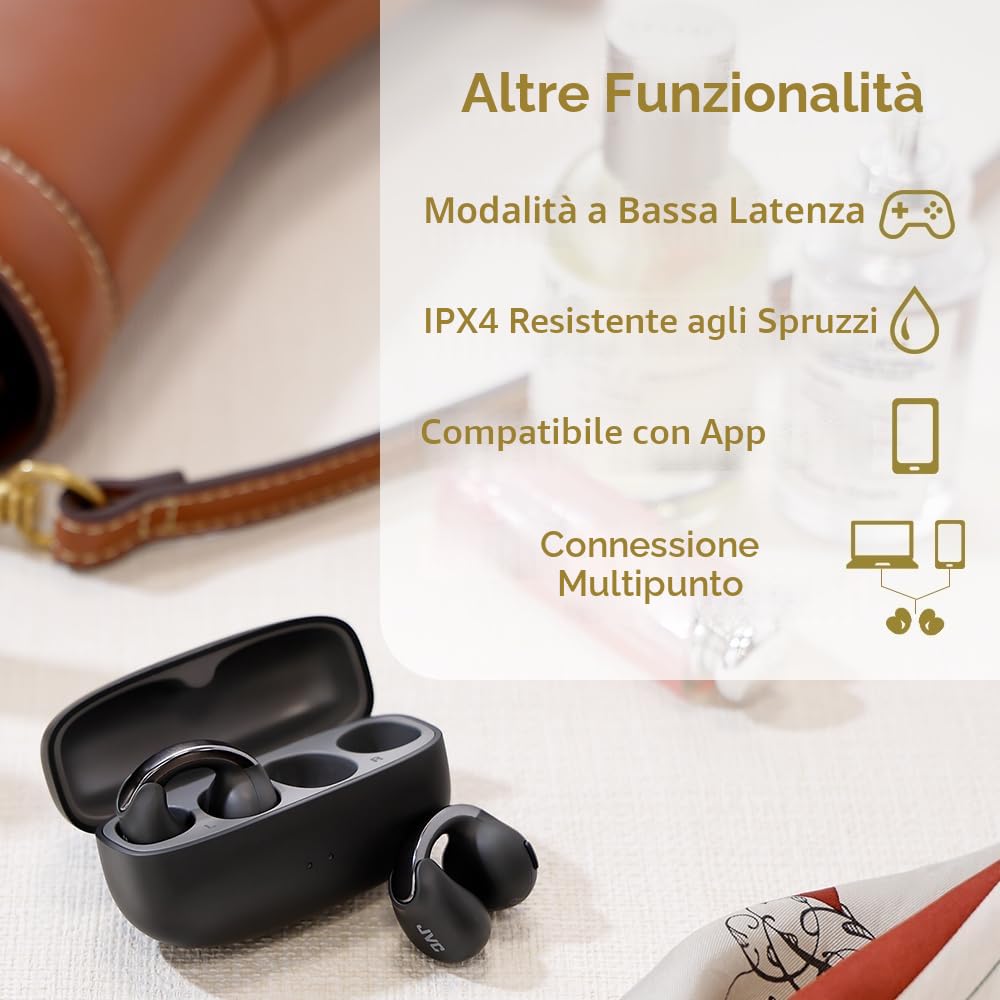 JVC Nearphones HA-NP1T-B, Cuffie in stile Earcuff con archetto lucido, vestibilità comoda, connessione multipoint, Bluetooth 5.3, autonomia di 24 ore, compatibili con app - Nero