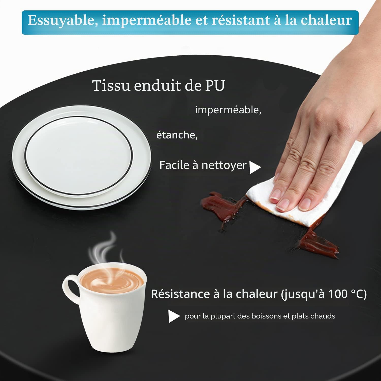 Double Face fit Design PU Round fit Nappe, Ripstop lingette de Table Ronde élastique, Soft Touch, Nappe imperméable à l'eau et à l'huile (Noir, Ronde 135-142cm)