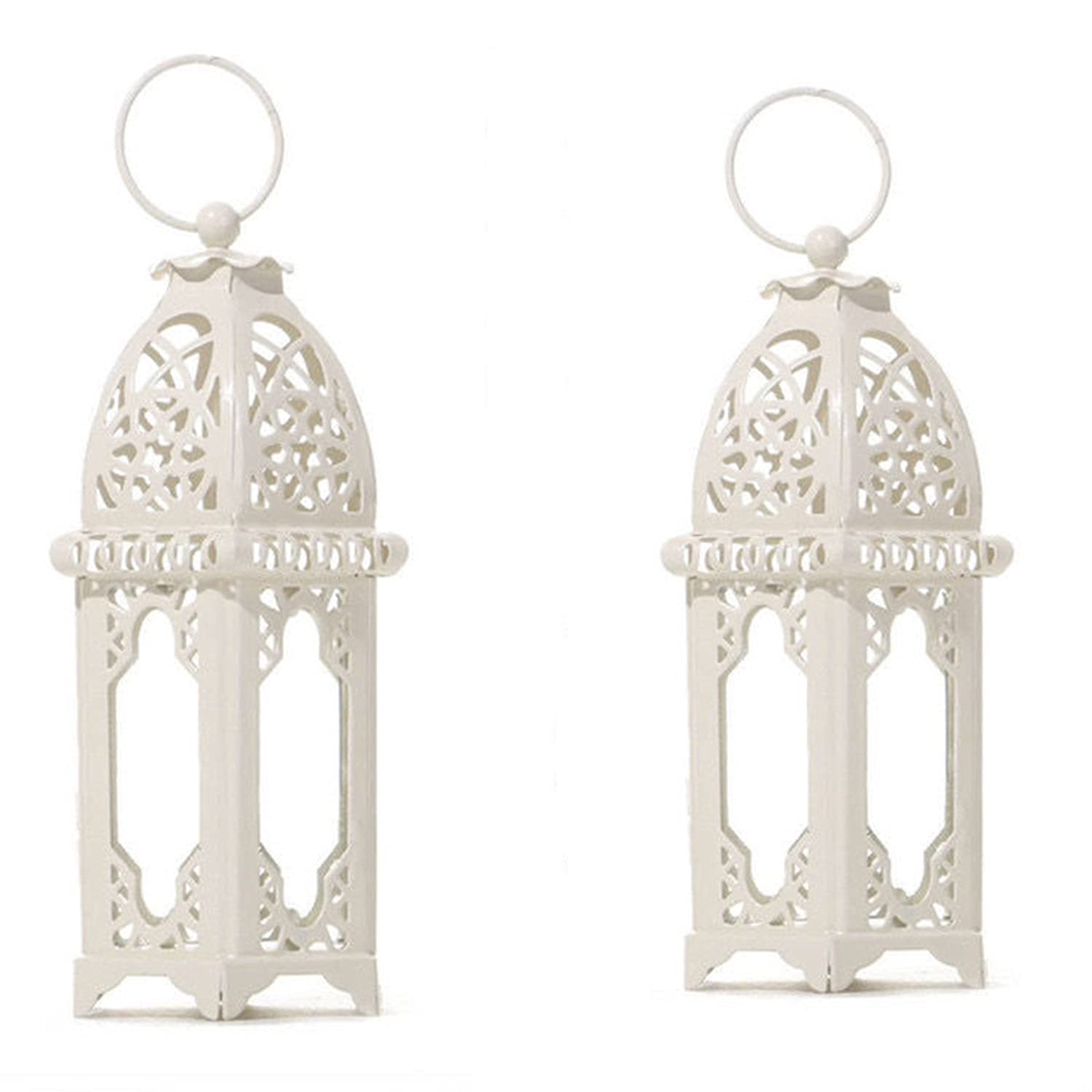2 Pcs Lanterns Moroccan Style Candle Lantern, Hanging Candle Holder Lantern Centerpiece Table（White）