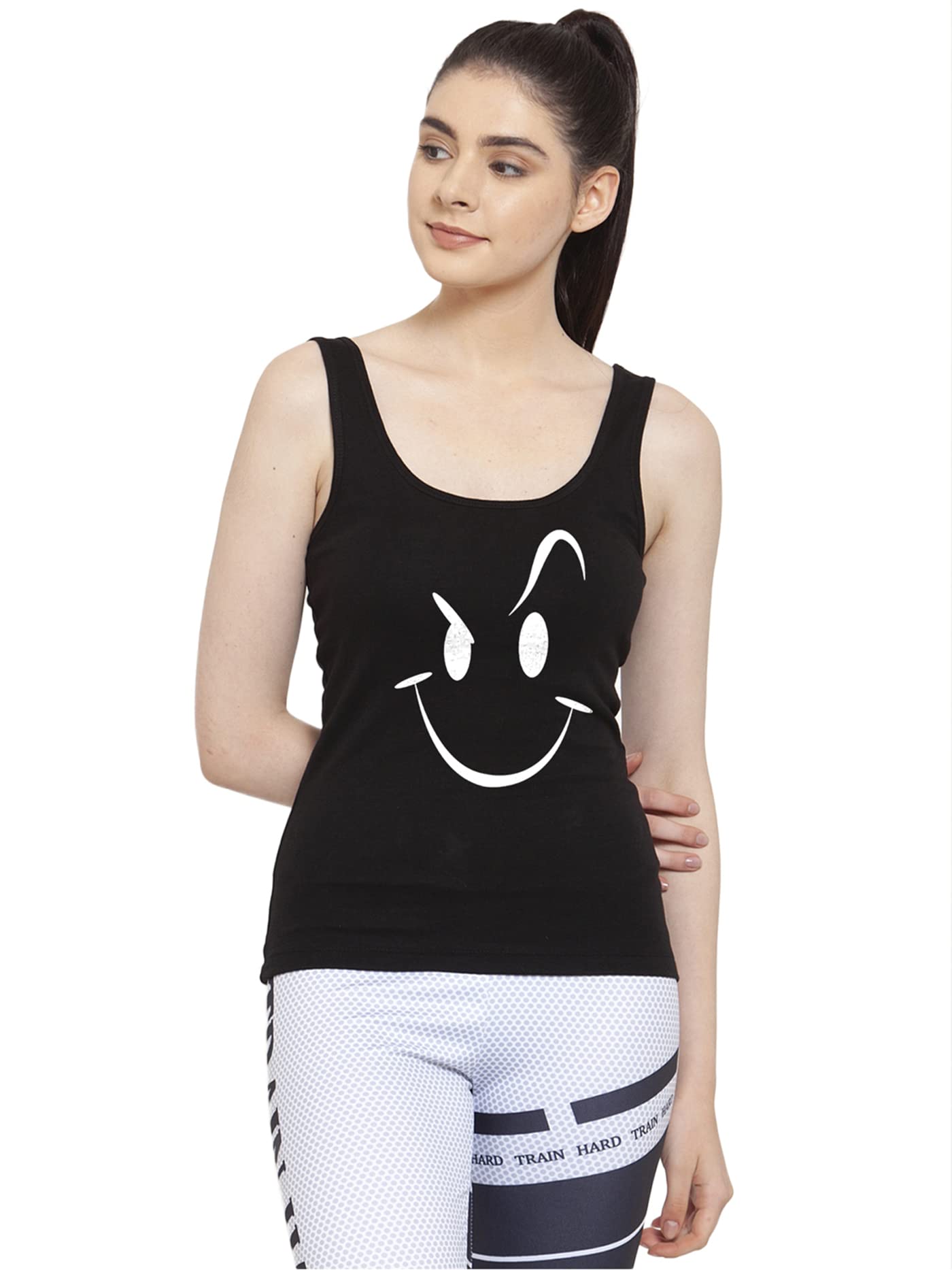 Women Black Smily Printed Cotton Tank top-image-24