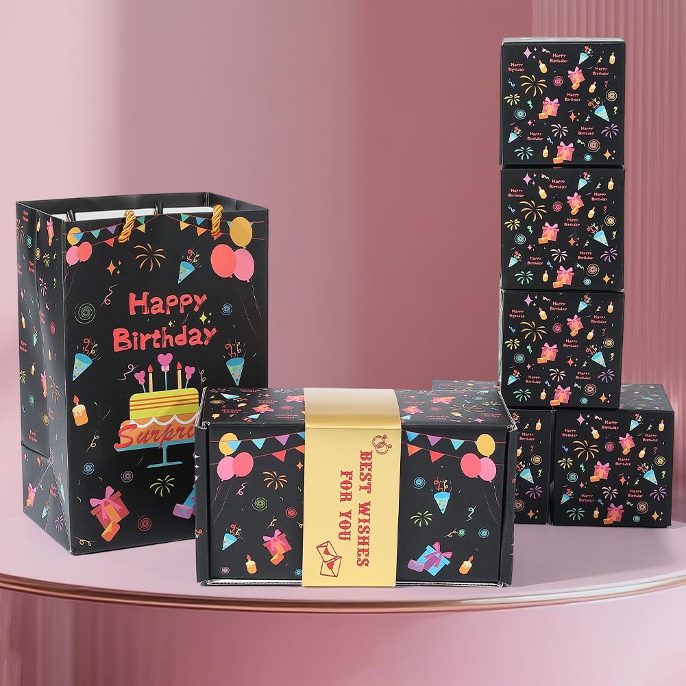 SOFPLATE Explosion Birthday Gift Box with Bag Gift Box Set Black Folding Bounce DIY Creative Surprise 16Pcs Explosive Cards for Valentine Mother Father Thanksgiving Day Celebration Party Favor