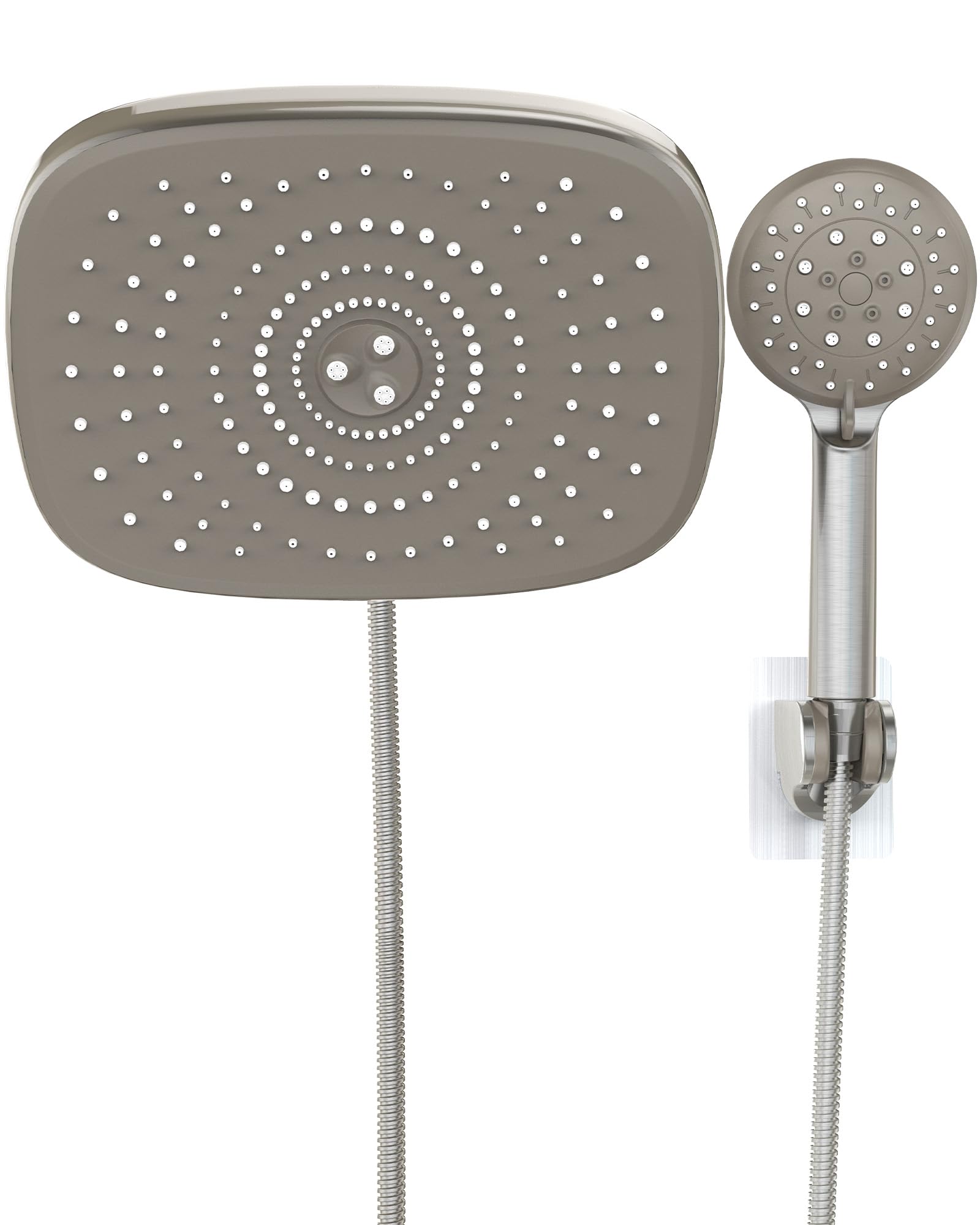 veken 10'' rain shower head with handheld, high pressure rainfall showerhead combo with 5 handheld water spray modes for bathroom accessories, home decor, detachable dual shower heads, brushed nickel