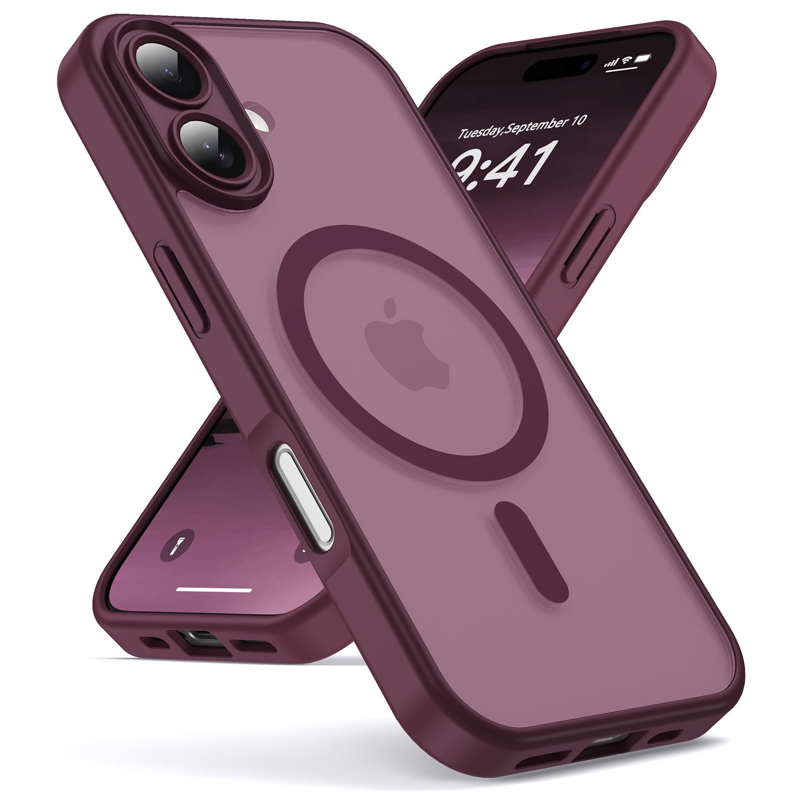 Oududianzi-Coque pour iPhone 17 Compatible avec MagSafe Magnétique, Housse de Arrière Translucide Givrée PC, TPU Silicone Bumper Étui Protection Antichoc Militaire Anti-Empreintes-Bordeaux