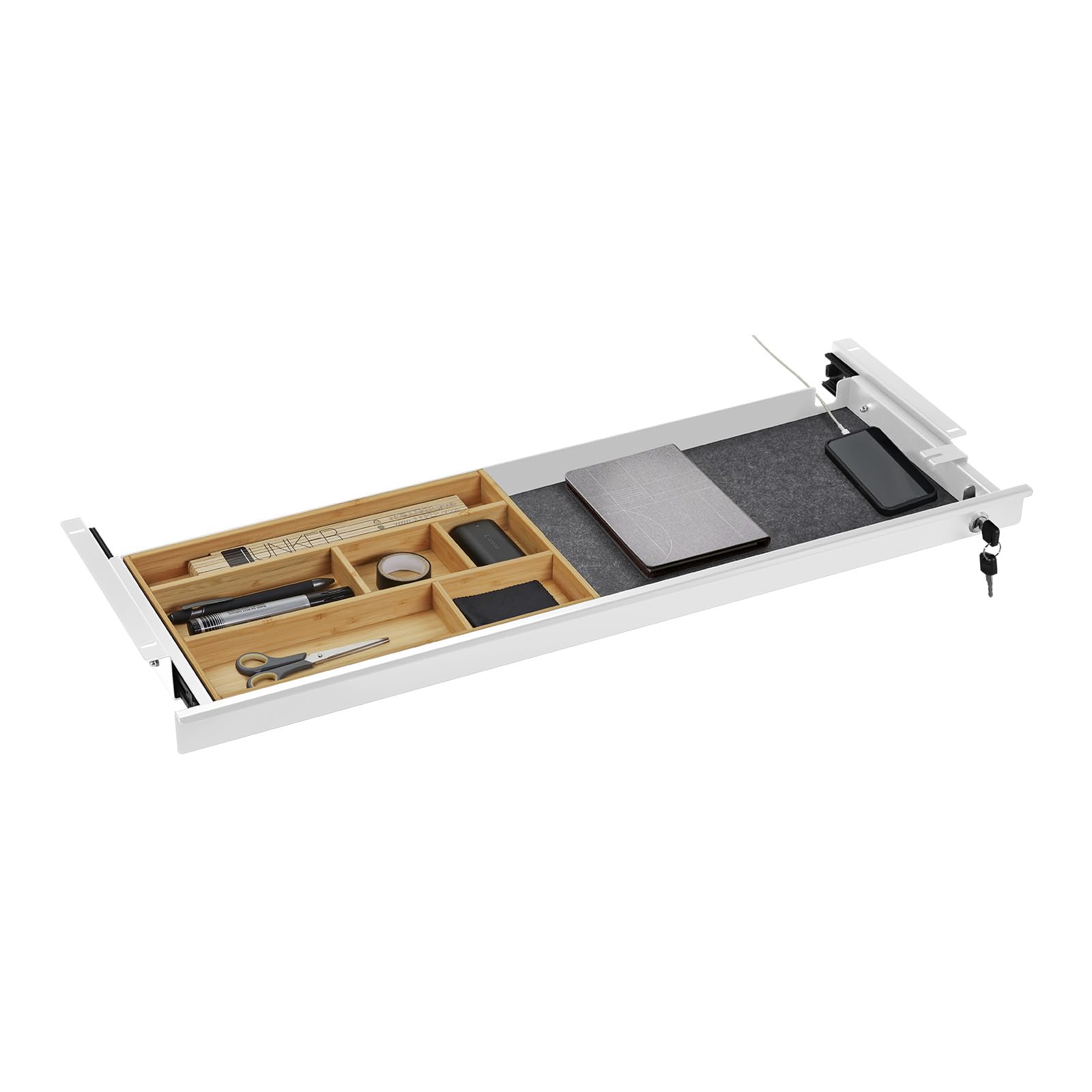 CAVO Cassetto con serratura 850 x 265 x 45 mm bianco con inserto in bambù Cassetto per ufficio