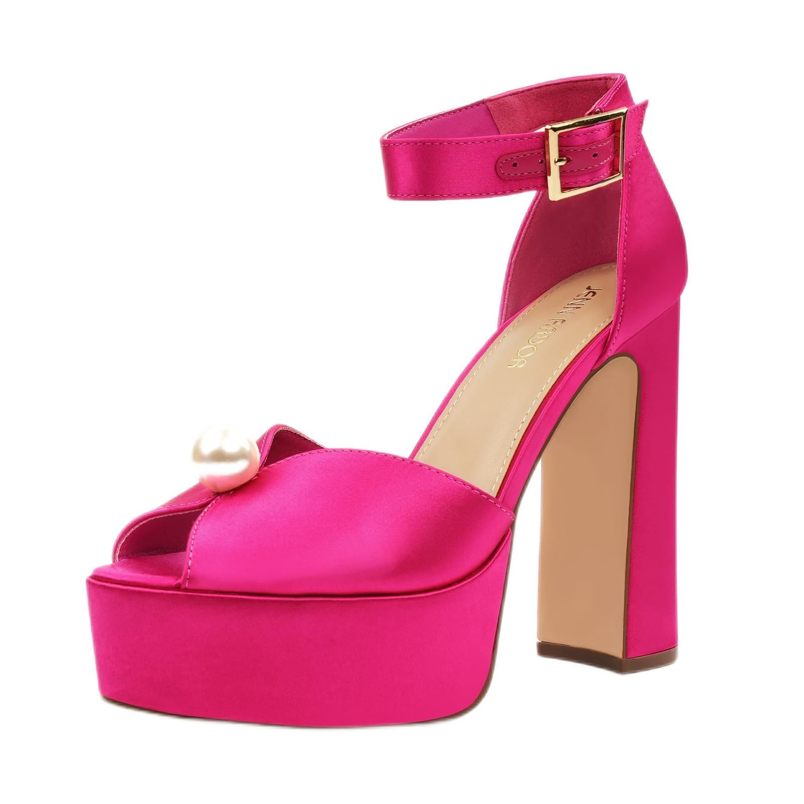 JENN ARDOR Womens Open Toe Pearl Platform Heels for Women Chunky Buckle Ankle Strap Wedding Heeled Sandals Dress Evening Bride Bridal Shoes