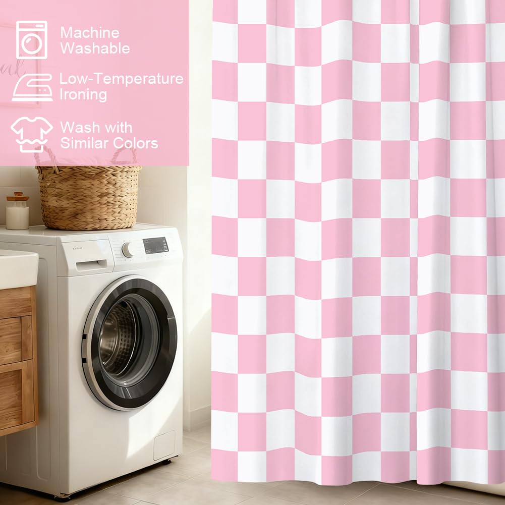 AUYAO Zasłona prysznicowa w stylu retro, wzór w kratkę, 180 x 200 cm, wodoszczelna, odporna na pleśń, z 12 haczykami, styl vintage, różowo-biała