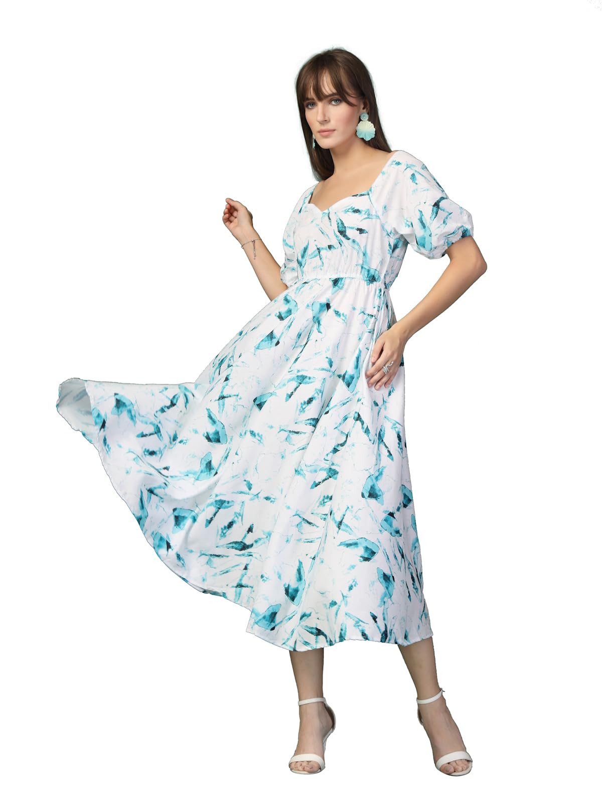 Oomph! Flared Dress For Women Stylish | Long One Piece For Women | Puff Sleeve Long Dress | Floral Print Maxi One Piece | Western & Fusion Wear Aquamarine Blue