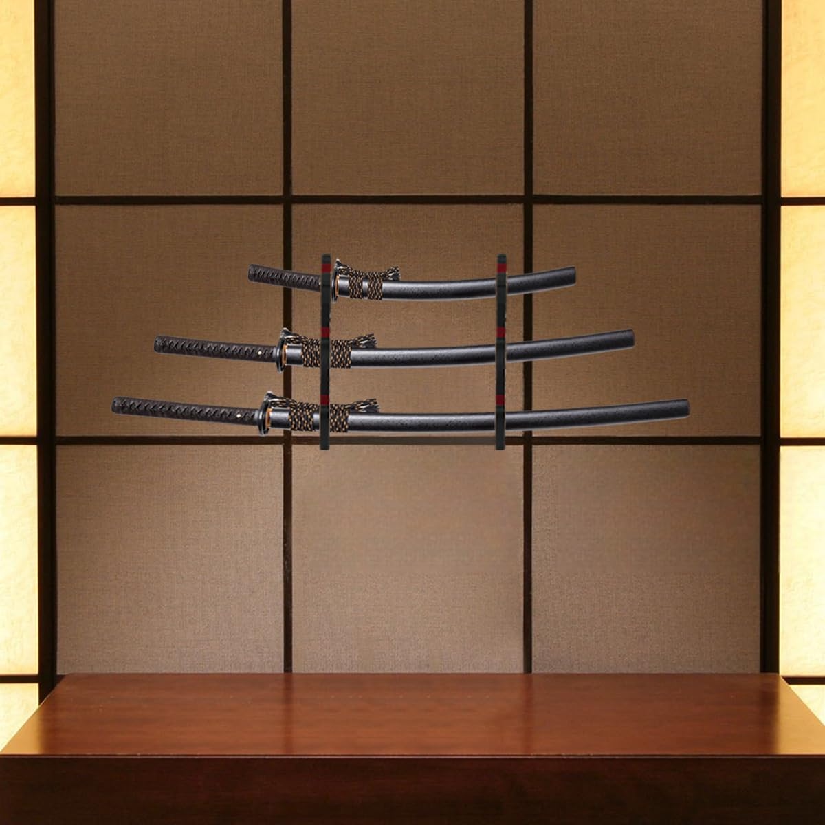 Soporte de pared para Katana de 3 niveles, madera, Marrón