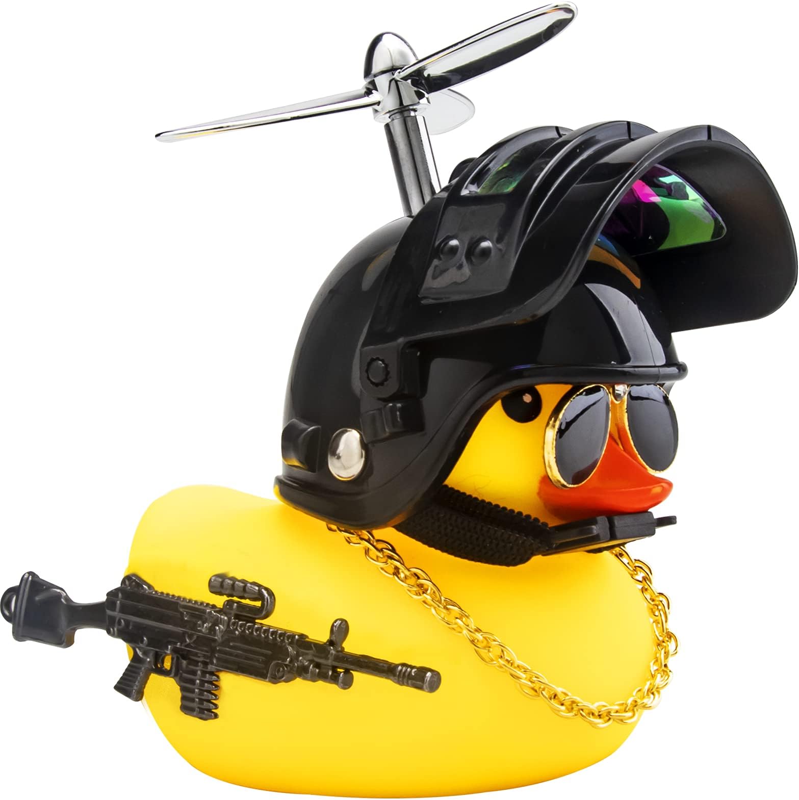 wonuu Rubber Duck Car Ornaments Cool Yellow Duck Car Dashboard Decorations Squeaky Glasses Duck with Propeller Helmet for Car ccessories Dashboard (Full_Black-Yellow G)