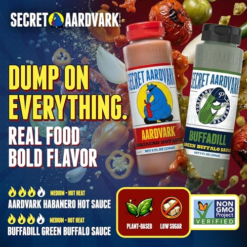 Image of Secret Aardvark Habanero and BuffaDill Hot Sauce 2-Pack Bundle 8 fl oz Each | Spicy BBQ and Dill Pickle Buffalo Combo, No HFCS, Vegan, For Wings, Tacos, Burgers, Gift Set