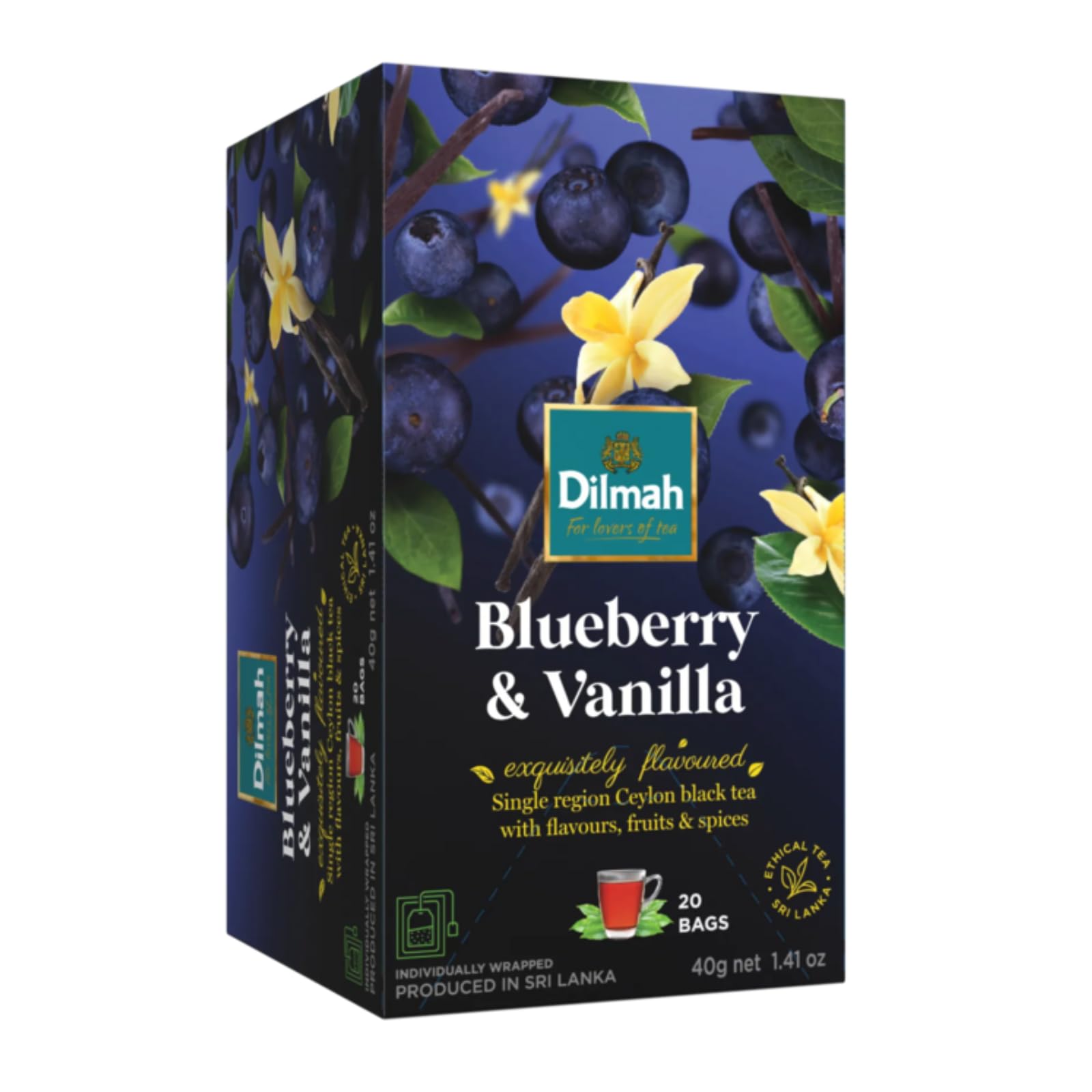 Blueberry and Vanilla Flavored Ceylon Black Tea - 20 Tea Bags - 40g