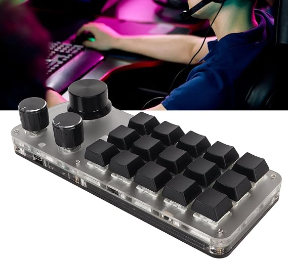 Mini Programmable Keypad, 15 Keys Type C Wired One Handed Mechanical Keyboard with 3 Knobs for Support 3 Connection Modes, Custom DIY Keypad for Game Office