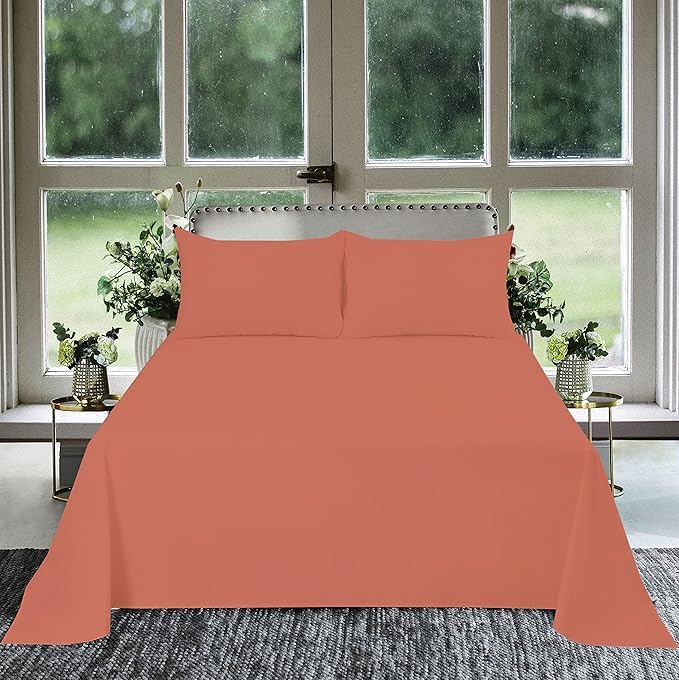 Allure Bedding Flat Sheet Luxurious Non-Iron Percale Blend Long Lasting Polycotton Bed Sheets Breathable Soft (Peach, Double)