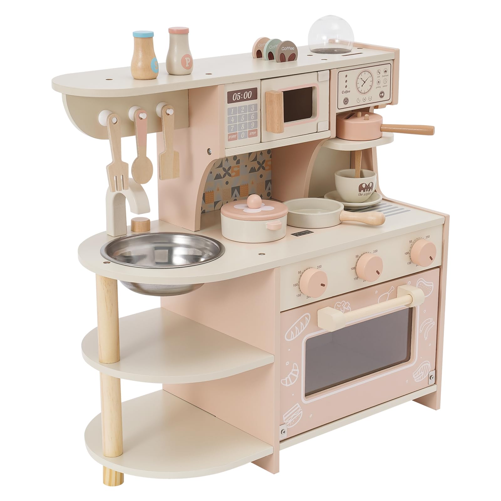 Cocina de juguete de madera para niños con estufa y cafetera, juguete de madera no tóxico, juego de rol compacto para niños pequeños juegos de rol en casa