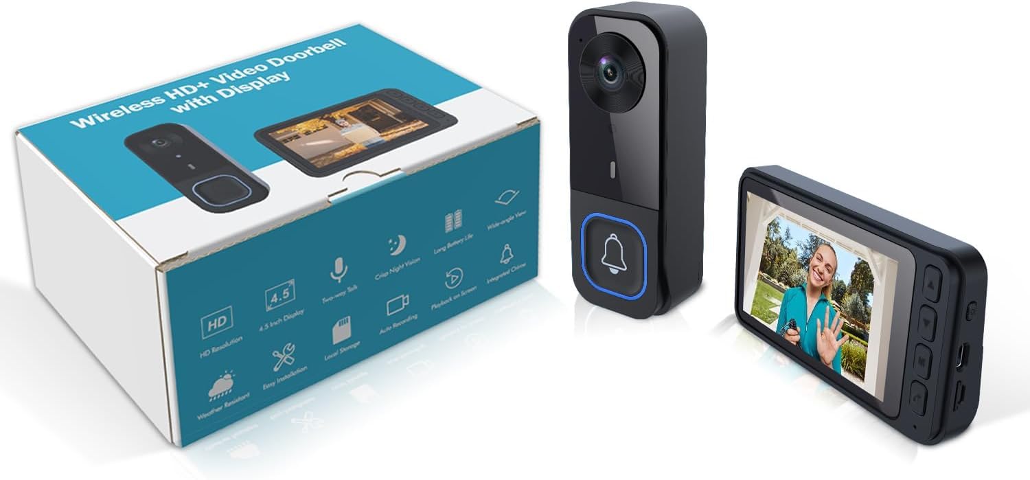 Sonnette sans Fil Exterieur Etanche Interphone Vidéo avec Caméra PIR Détection Mouvement avec Écran 4.3" Visiophone 170°,Humaine Détection,Vision Nocturne,Audio Bidirectionnel, 2.4G sans WiFi et APP