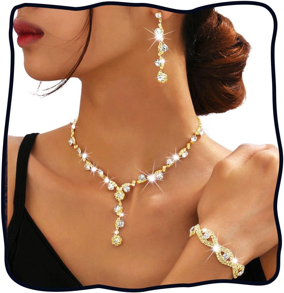 DRESBE Rhinestone Jewelry Set Gold Sparkly Crystal Necklace Bracelet Earrings Set for Women