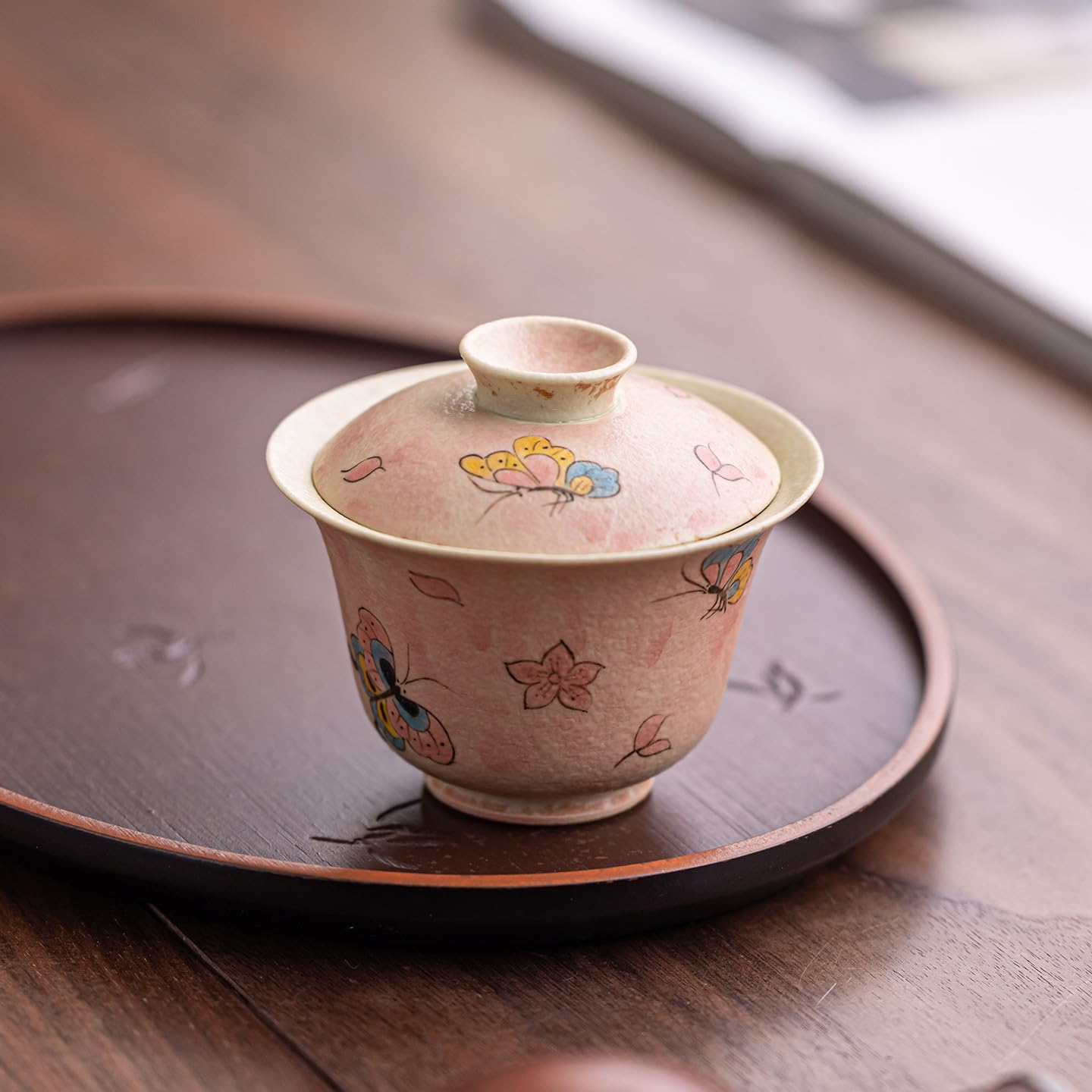 Tazas de té Pequeñas Tazón de té personal for dama con tapa mariposa y glaseado caramelo pintado a mano, juego cerámica vintage, vajilla resistente al calor Taza de té de Kungfu